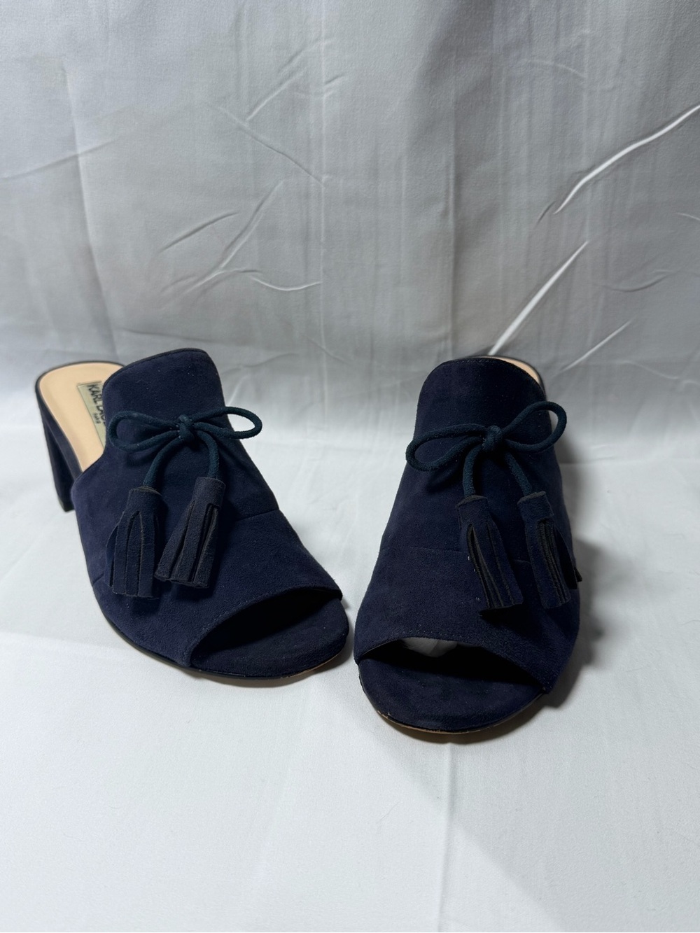 Karl Lagerfeld Navy Suede Tassel Open-Toe Mules